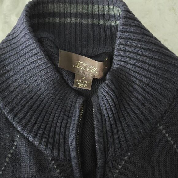 Tasso Elba Blue Gray Argyle Zip Up Soft Cardigan Sweater Medium Preppy Work - Picture 5 of 7